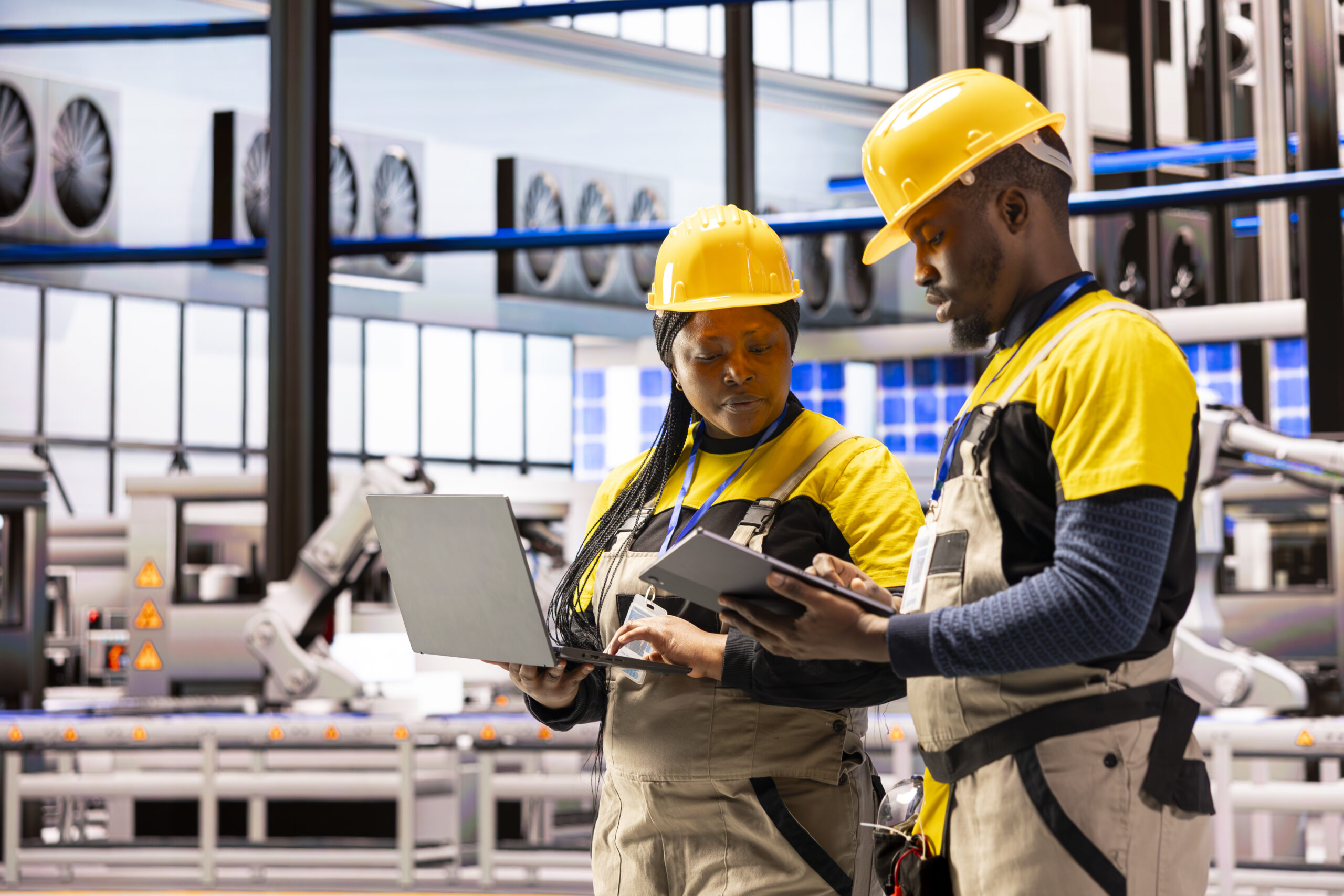 engineering team managing assembly lines and conveyor belts in automated factory